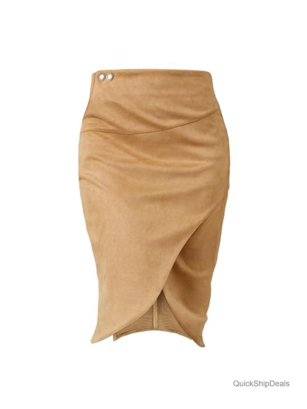 Vegan Suede Pencil Skirt High Waist Tummy Control Wrap Slit Pocket Office Wear